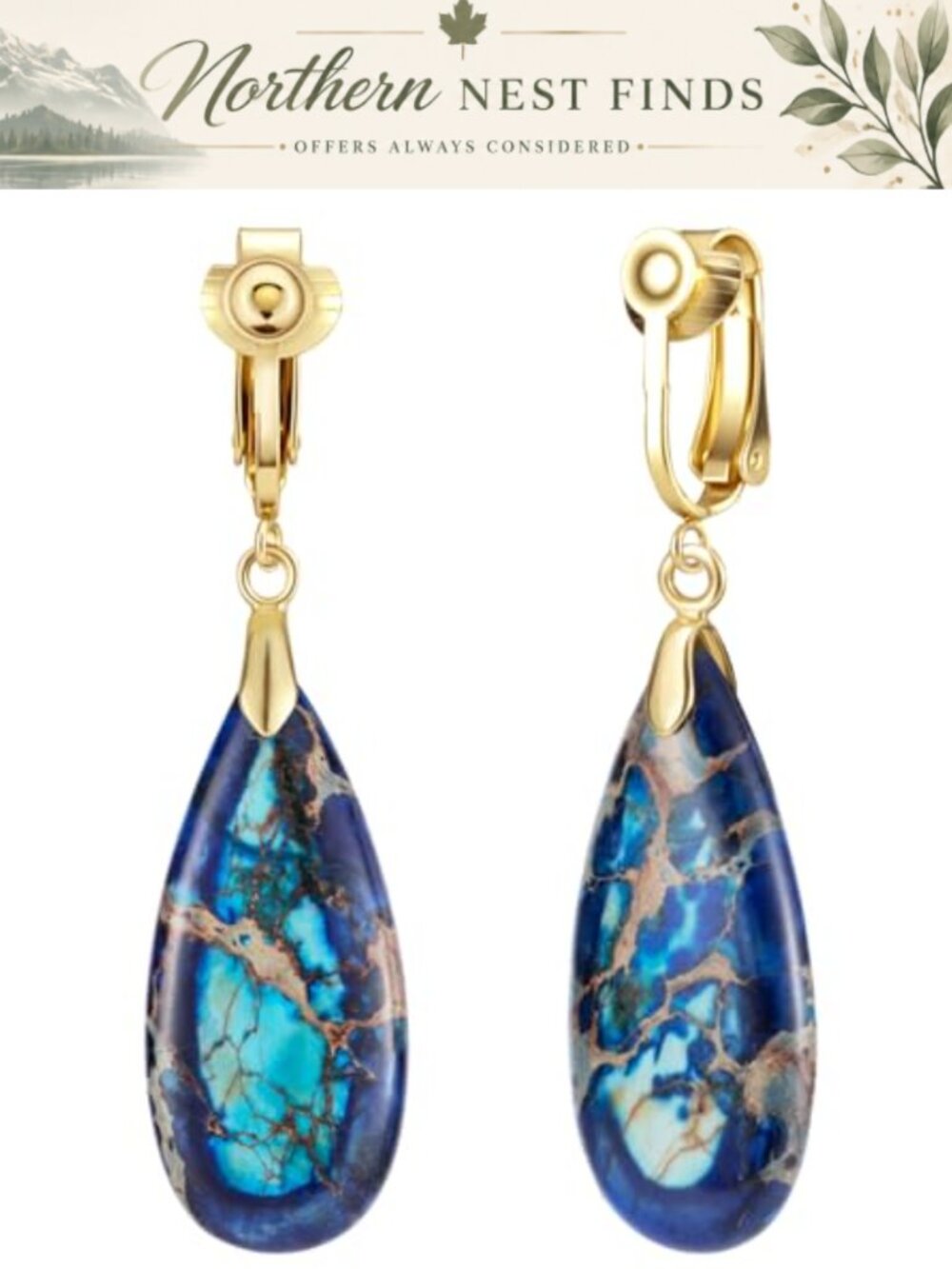Boho Long Teardrop Stone Clip on Earrings Natural Healing Stone Gold Tone